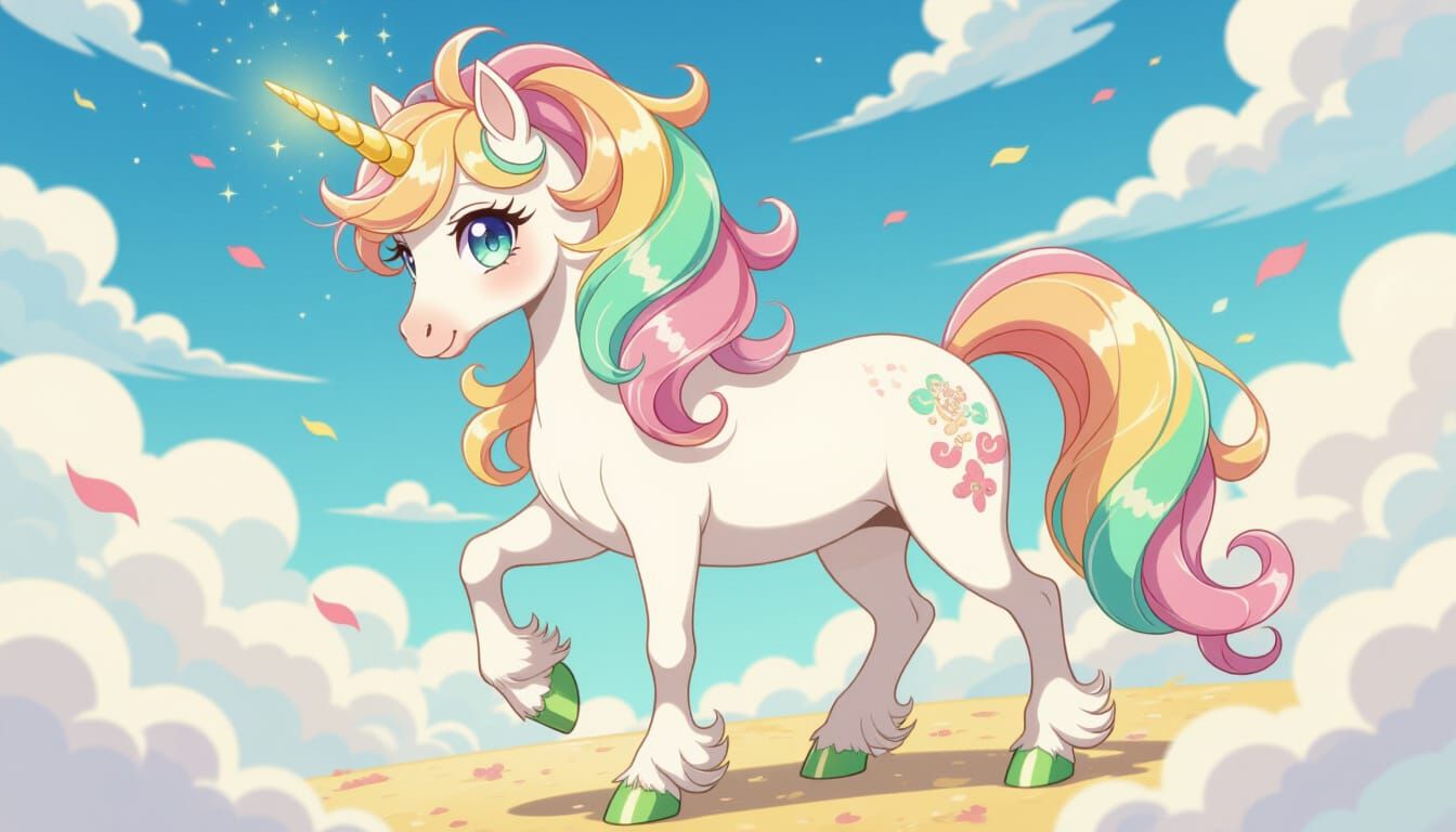 Peach Unicorn of Swirling Clouds with Gold Accents