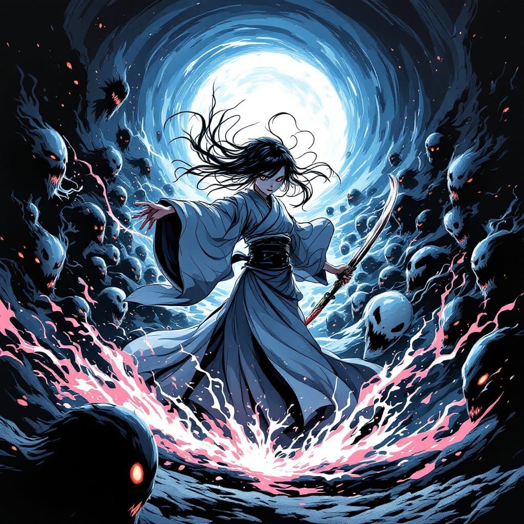 Manga-Style Shinigami Girl Warrior, Zanpakuto at the Ready