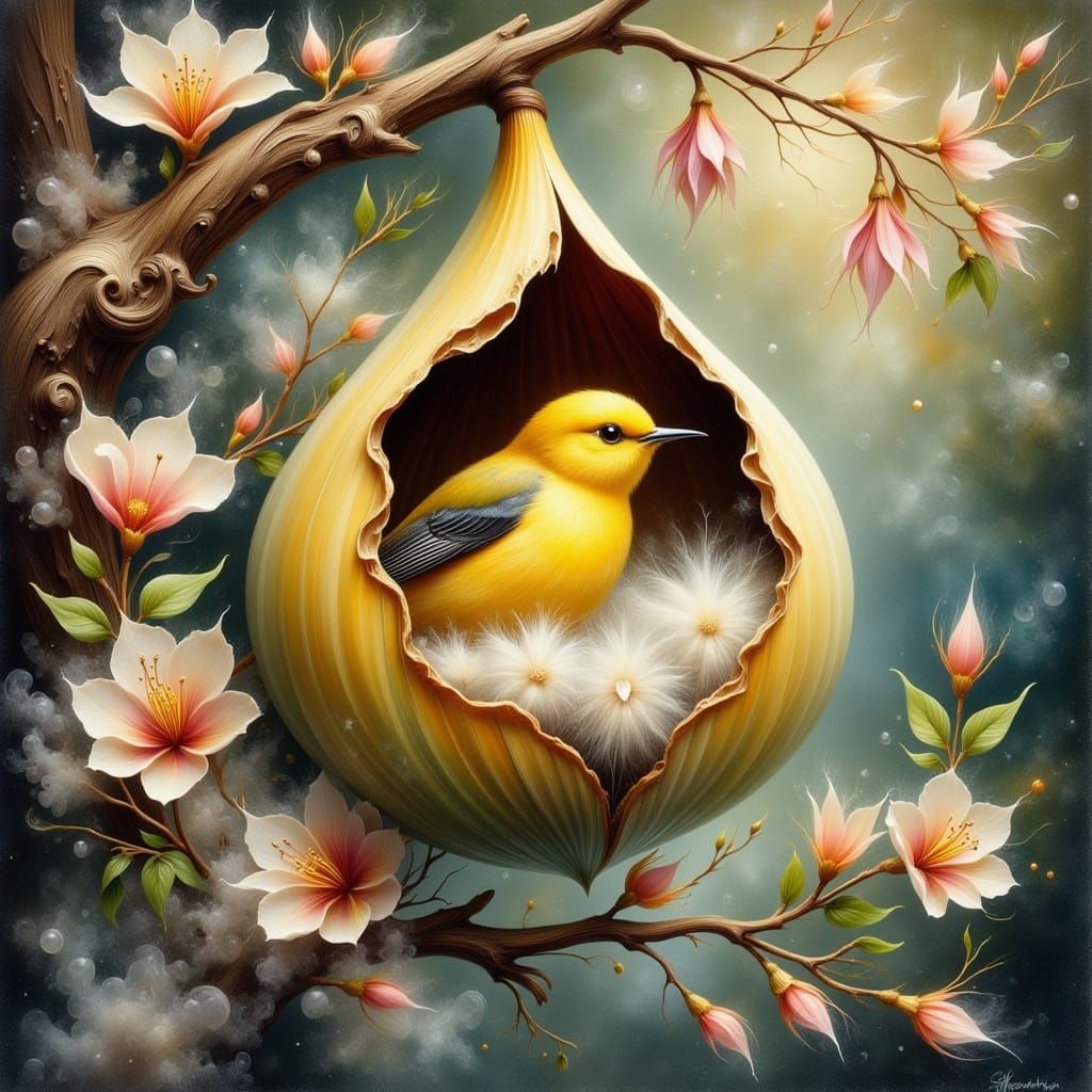 Magical Yellow Bird in Enchanted Flower Pod