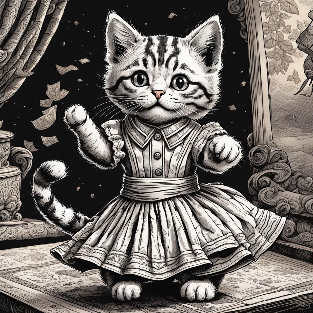 Tabby Kitten Waving, in Style of Tenniel