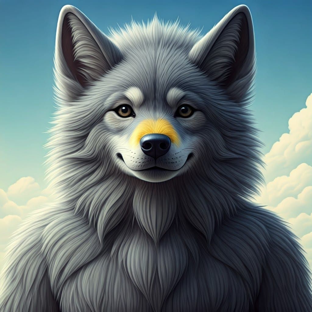 Fluffy Grey Humanoid with Dog Ears in Whimsical Style