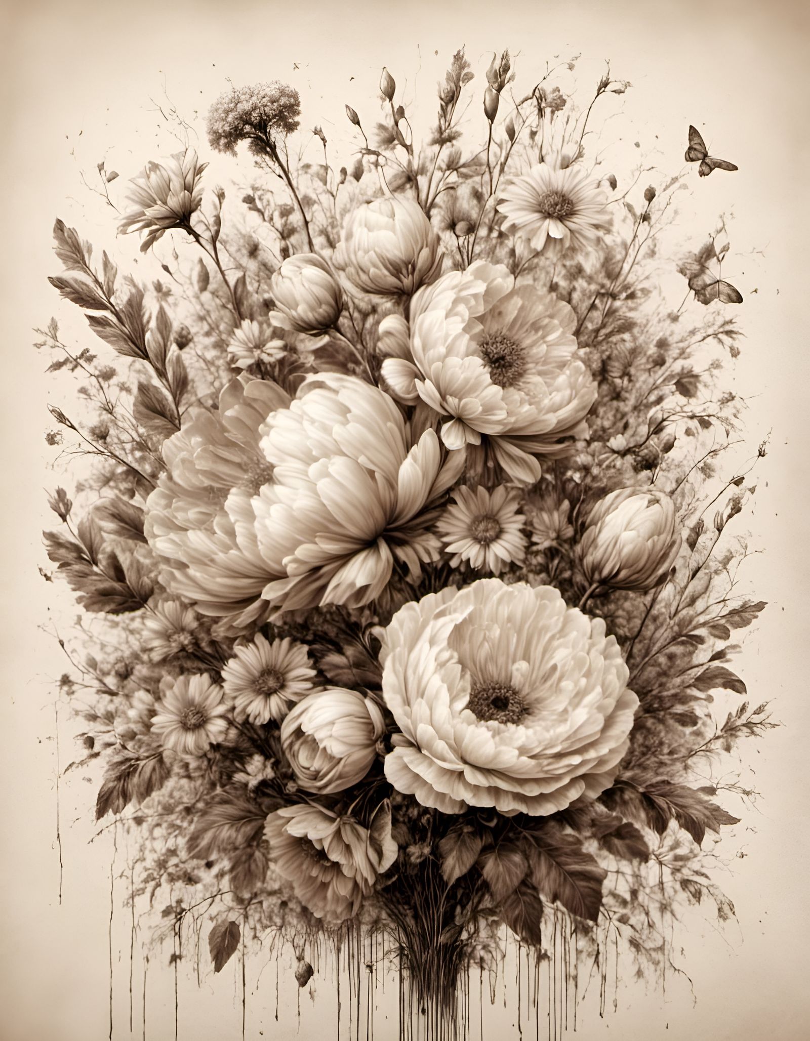 Antique Floral Drawing in Splatter Graffiti Style