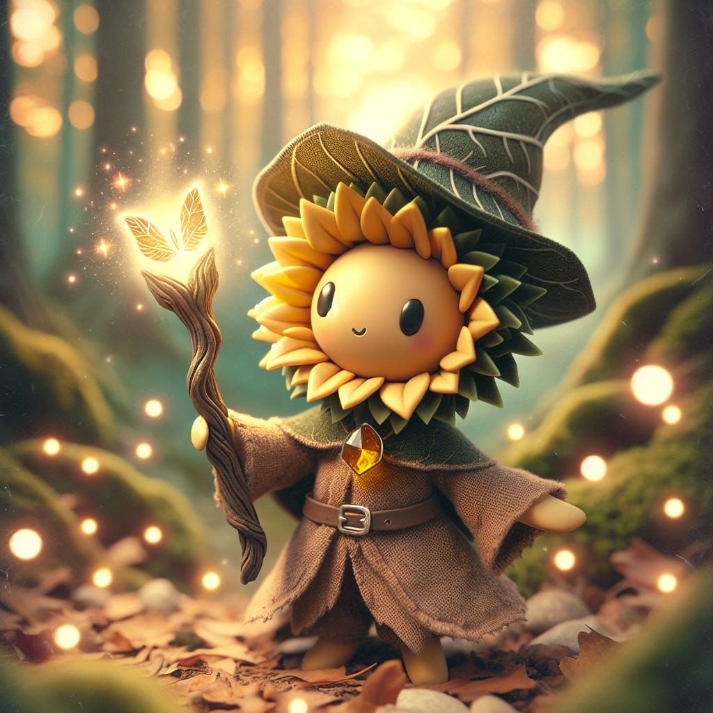 Whimsical Sunflower Wizard in Enchanted Forest