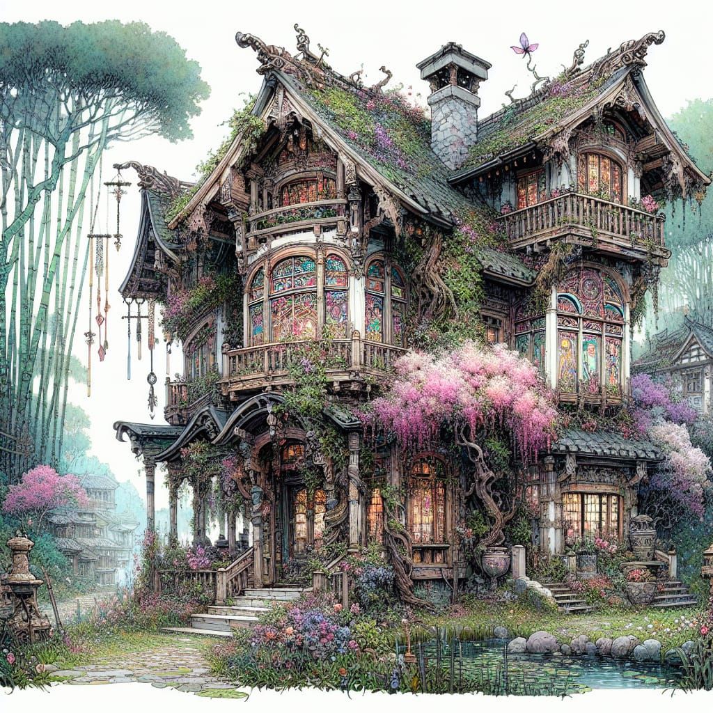 Whimsical Asian Cottage Amidst Enchanted Forest