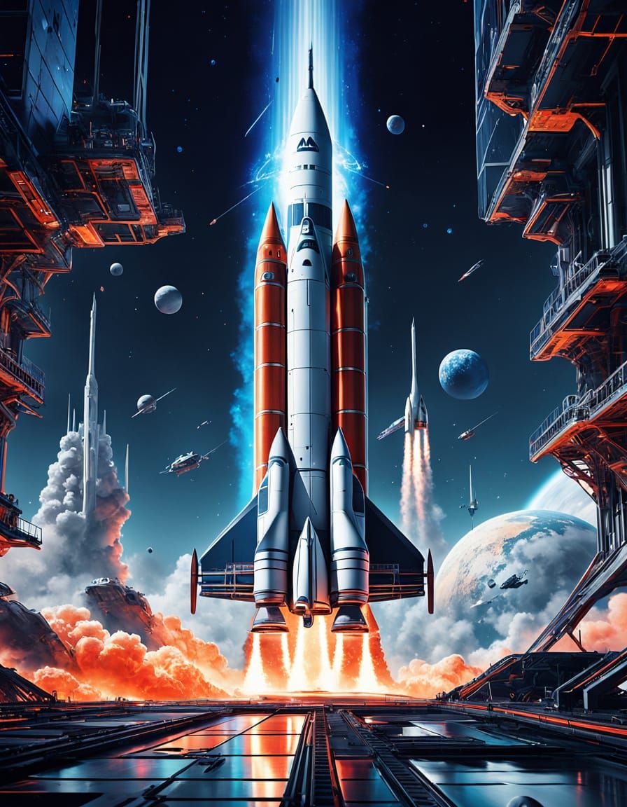 Surreal Futuristic Rocket Ship Blast Off in Neon-Lit Digital...
