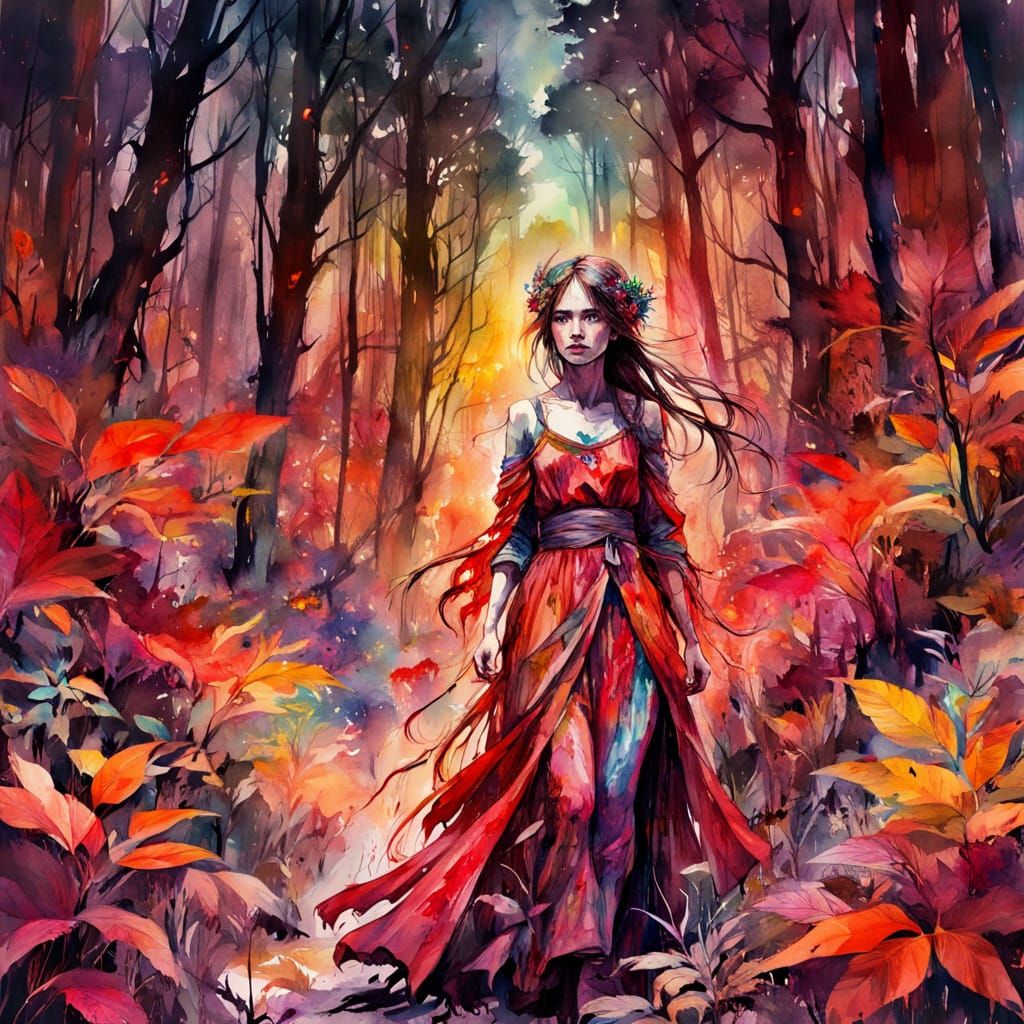 Mystical Forest Figure in Vibrant Watercolor Style