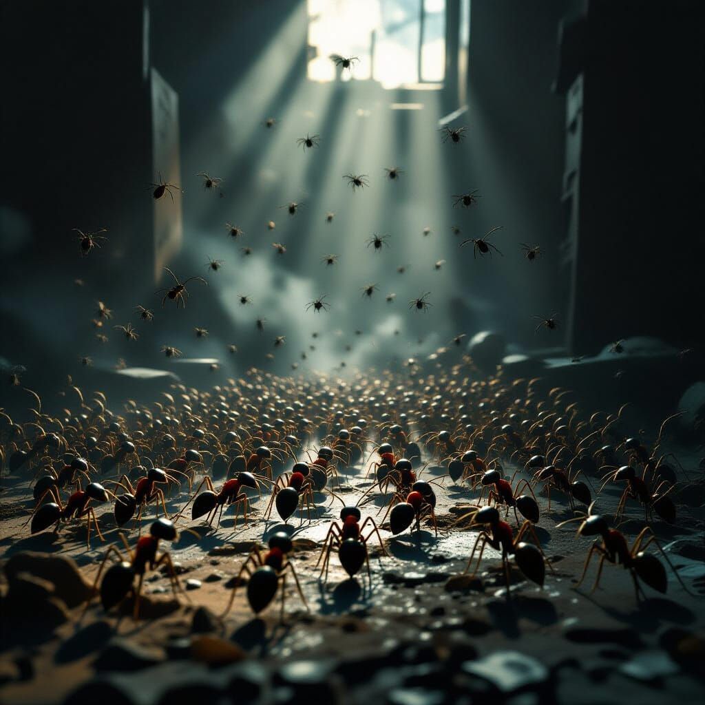 Ants Invading Cluttered Room in Dark Concept Art Style