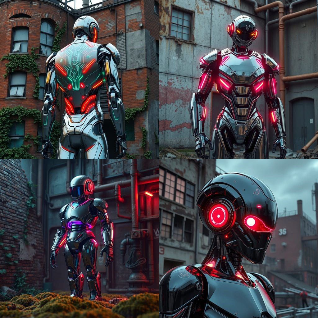 Neon Chrome Robot Behind Industrial Ruins