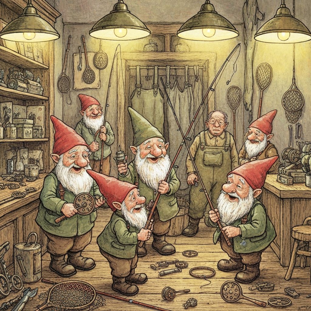 Gnomes in Fishing Tackle Shop Discussing Gear in Storybook S...