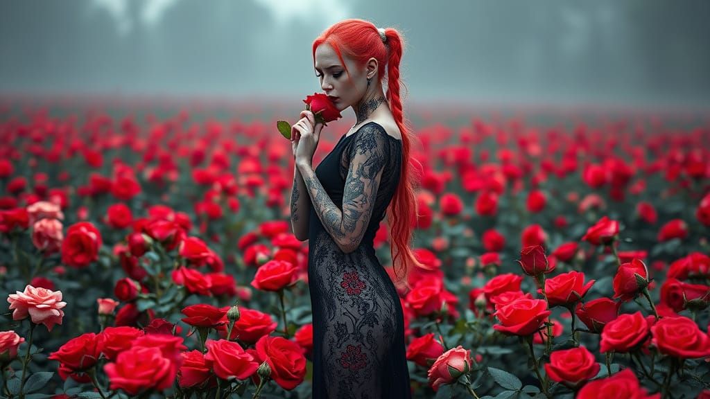 Gothic Woman in Rose Field: Hyperrealistic 8K Masterpiece