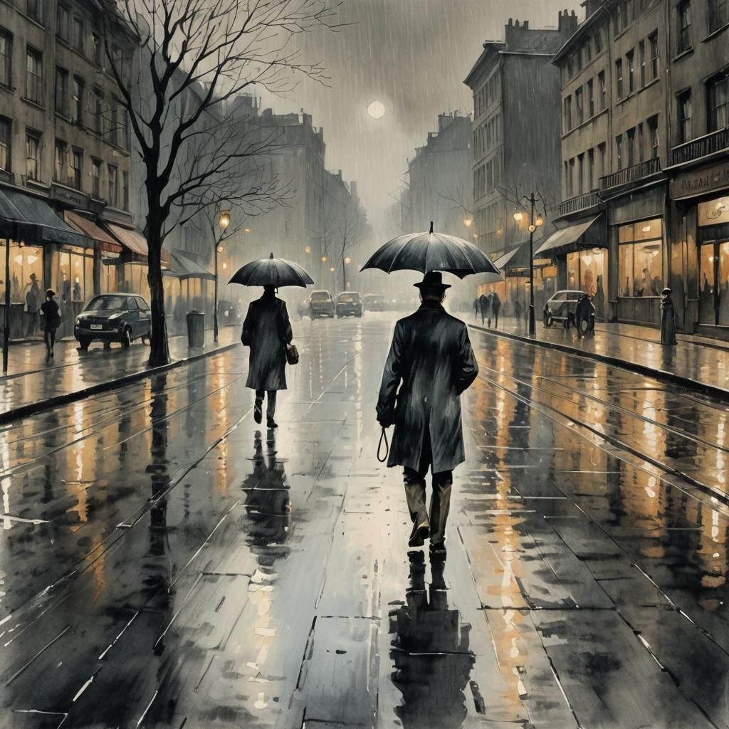 Monochrome Rainy Street Scene in Pencil