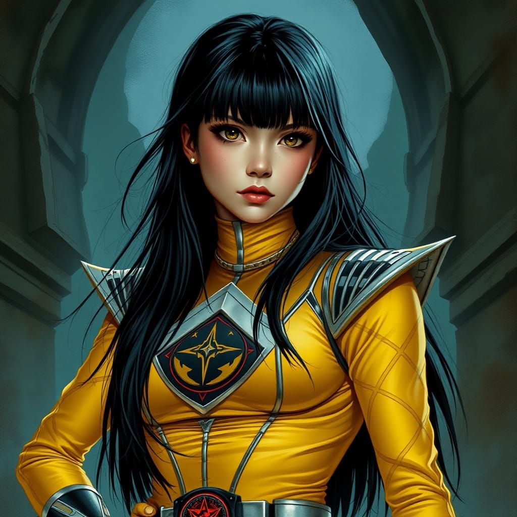 Trini Kwan with bangs as the dark yellow ranger slayer under...