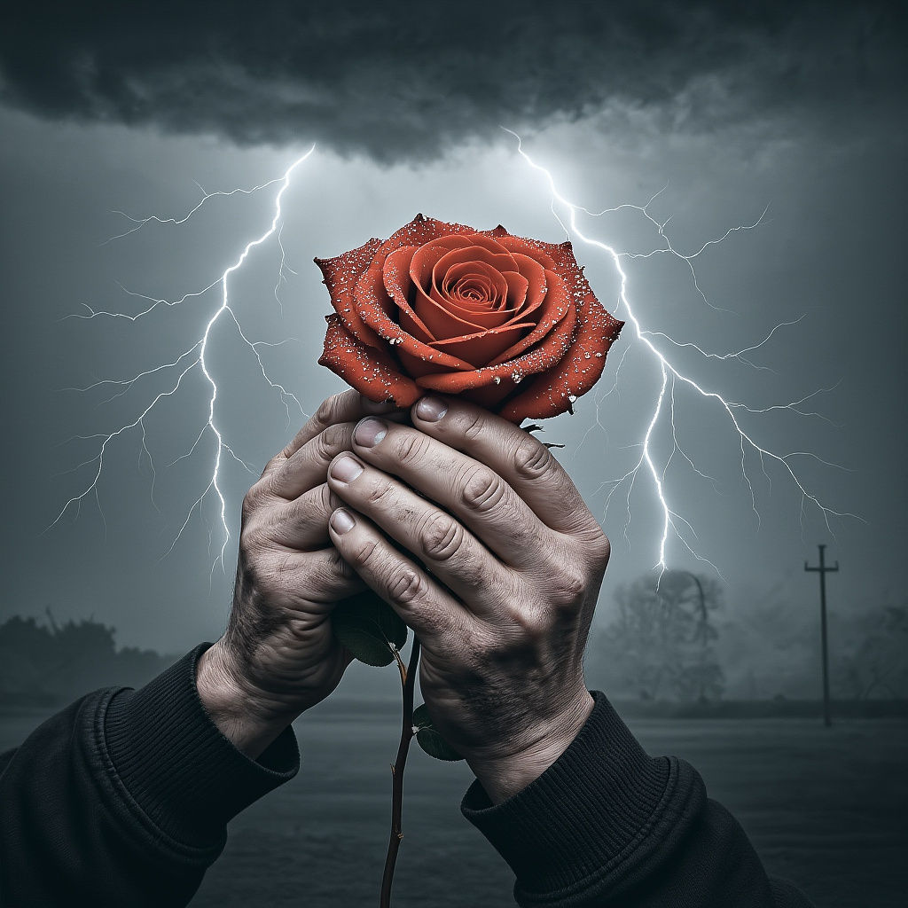 Calloused Hands Hold a Rose in Dark Fog