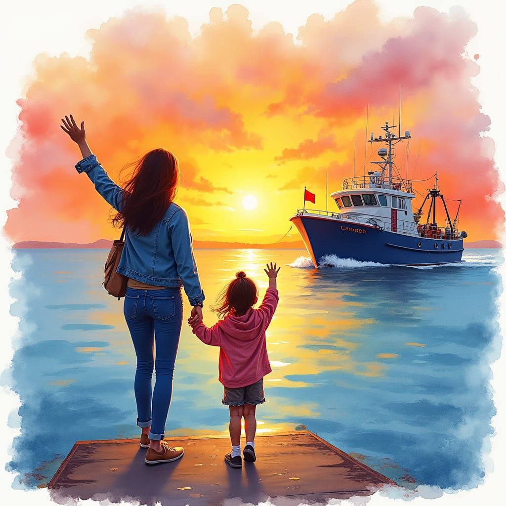 Vibrant Watercolor of Family Farewell at Sunrise