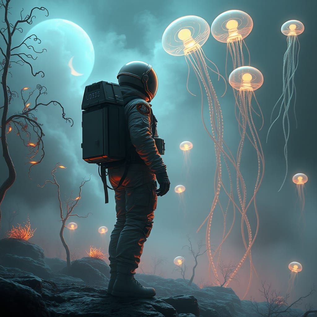 Cosmonaut on Alien Planet in Dreamlike Landscape