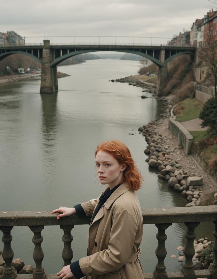 Golden-Red Haired Woman Overlooking River in Cinematic Style