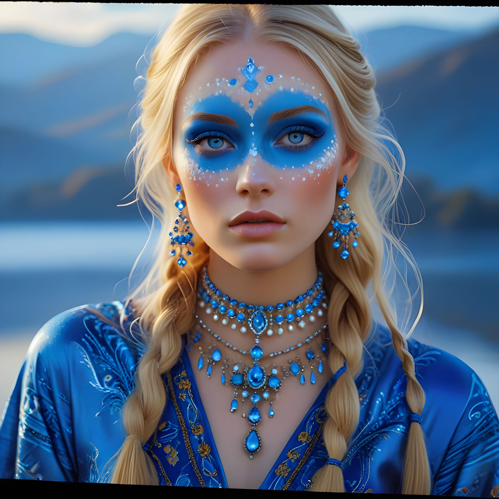 Ethereal Blue Goddess with Painted Eyes and Radiant Cheekbon...