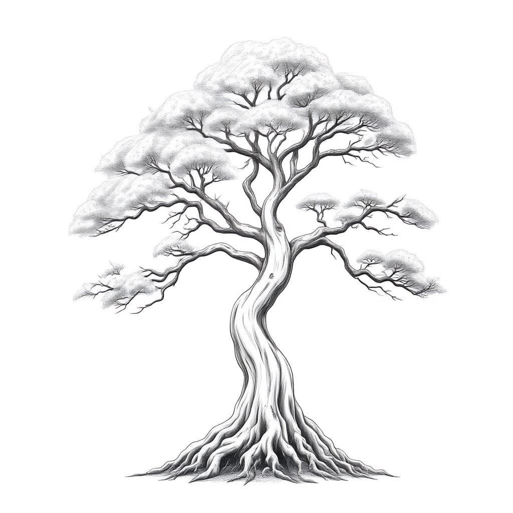 High Contrast Black and White Line Drawing of Ancient Bonsai...