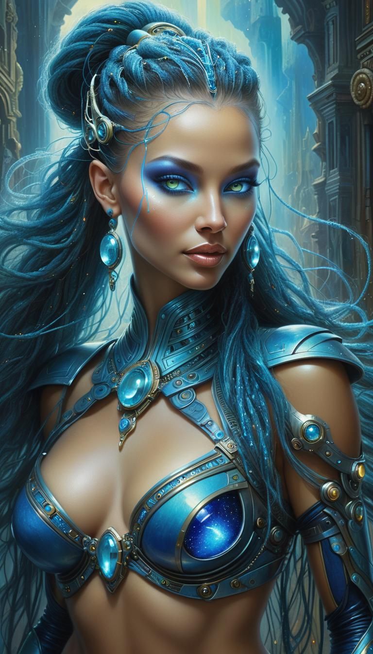 Cyberpunk Lapis Lazuli Aquamarine Princess Enchantress Cyborg, Mischievous Grin