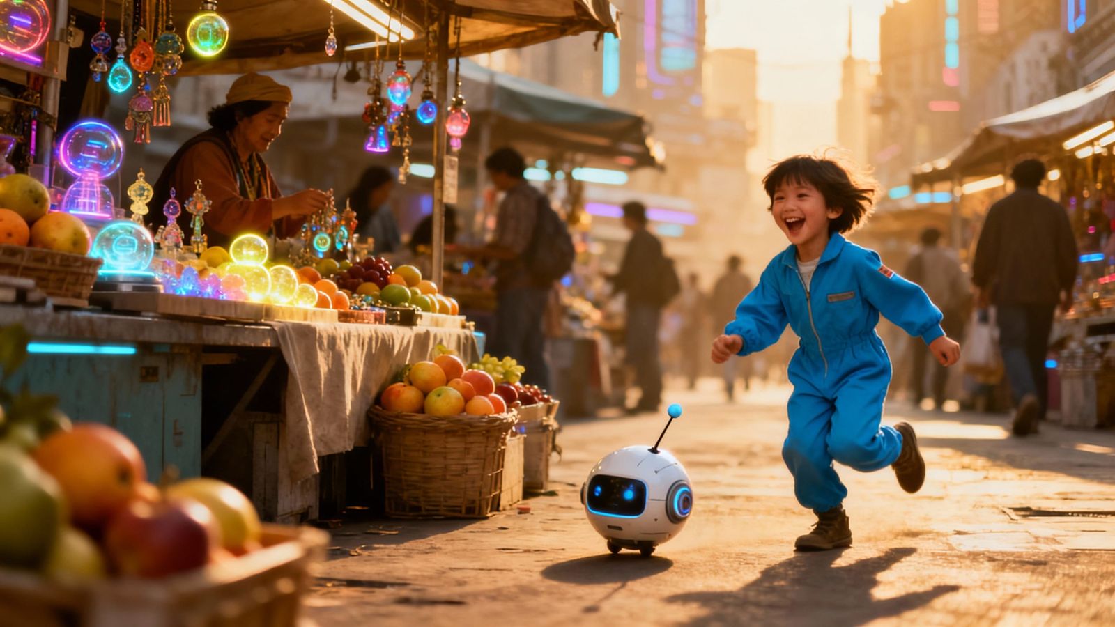 Retro-Futuristic City Market Scene