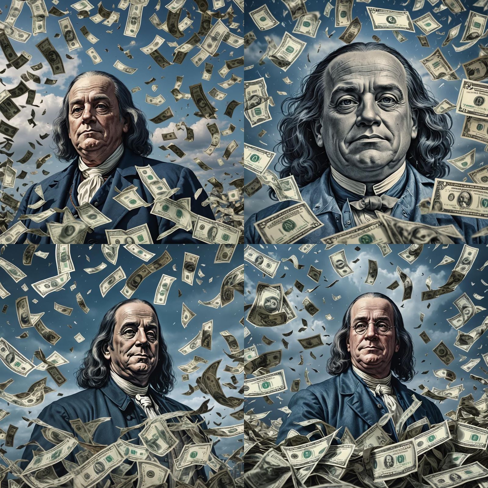 Blue Hundred Dollar Bills Falling From Sky