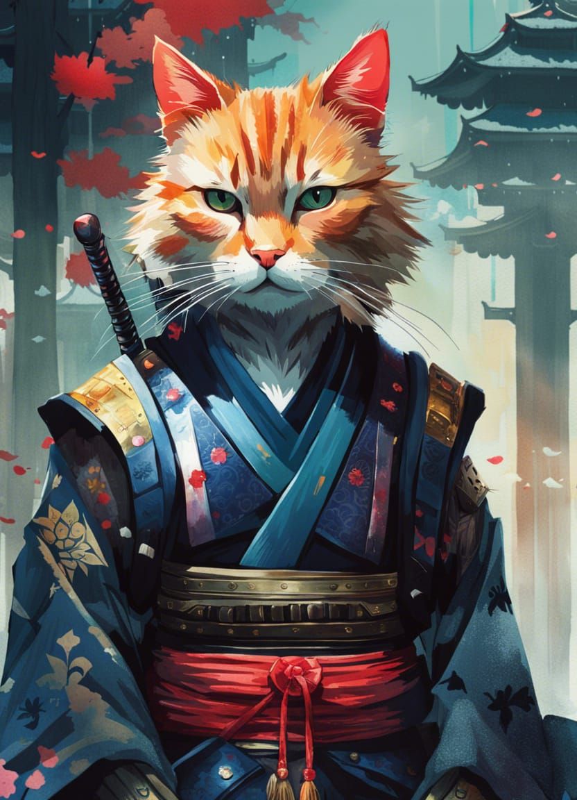 Anime Cat Samurai in Feudal Japan Watercolor