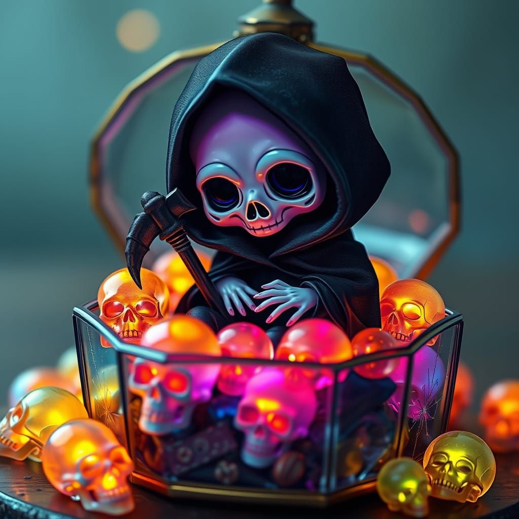 Mini Grim Reaper with Glowing Skulls