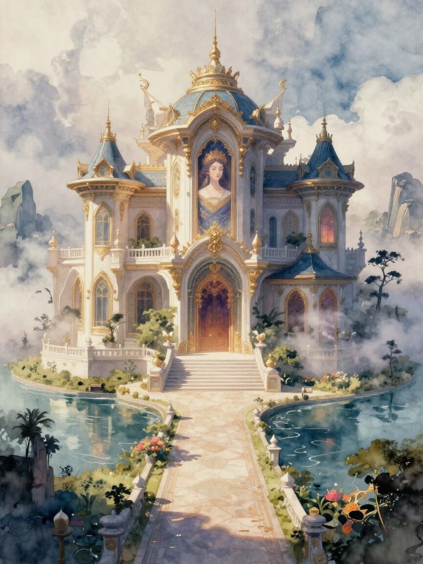 Futuristic East Asian Mansion in Volumetric Fog Watercolor