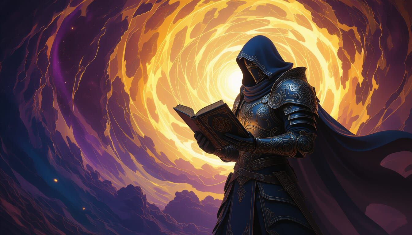 Armored Figure Holds Tomes in Cosmic Vortex