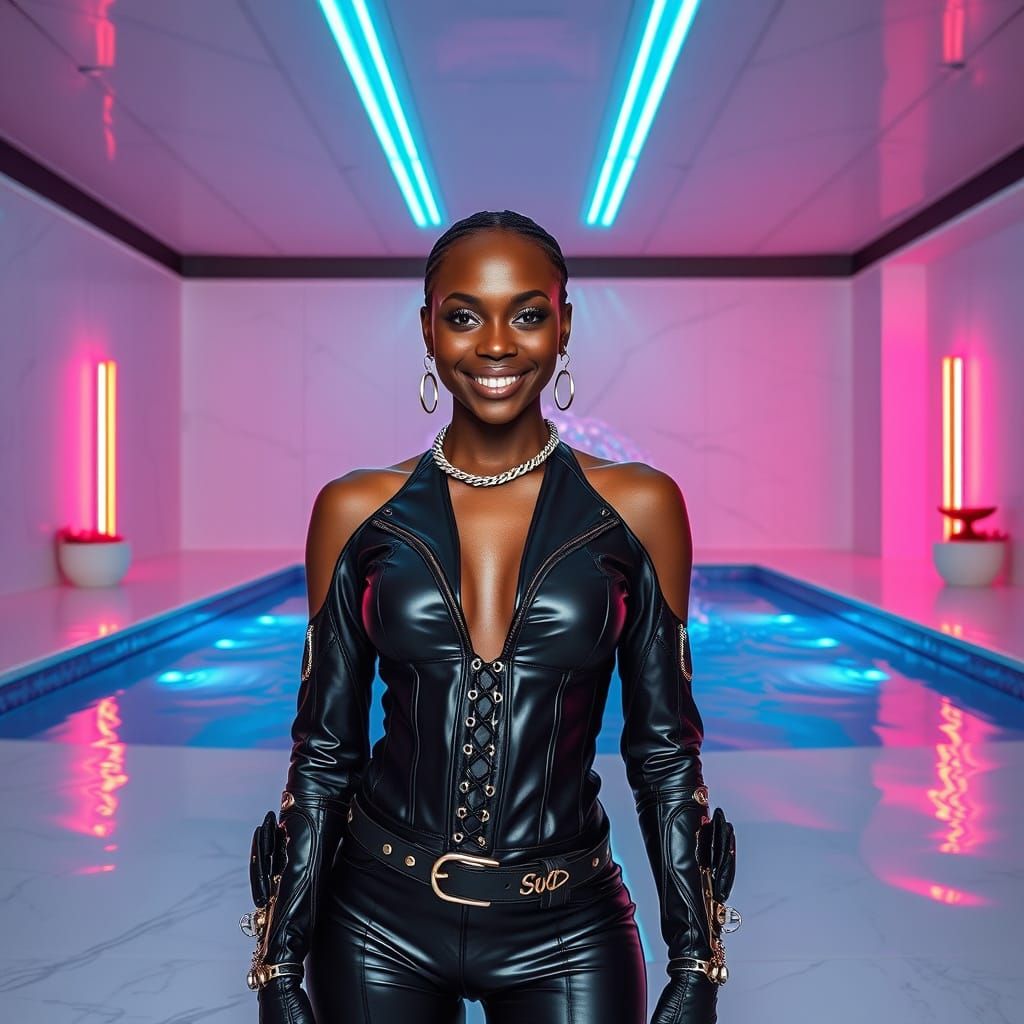 Woman in Futuristic Whirlpool Room with Neon Accents