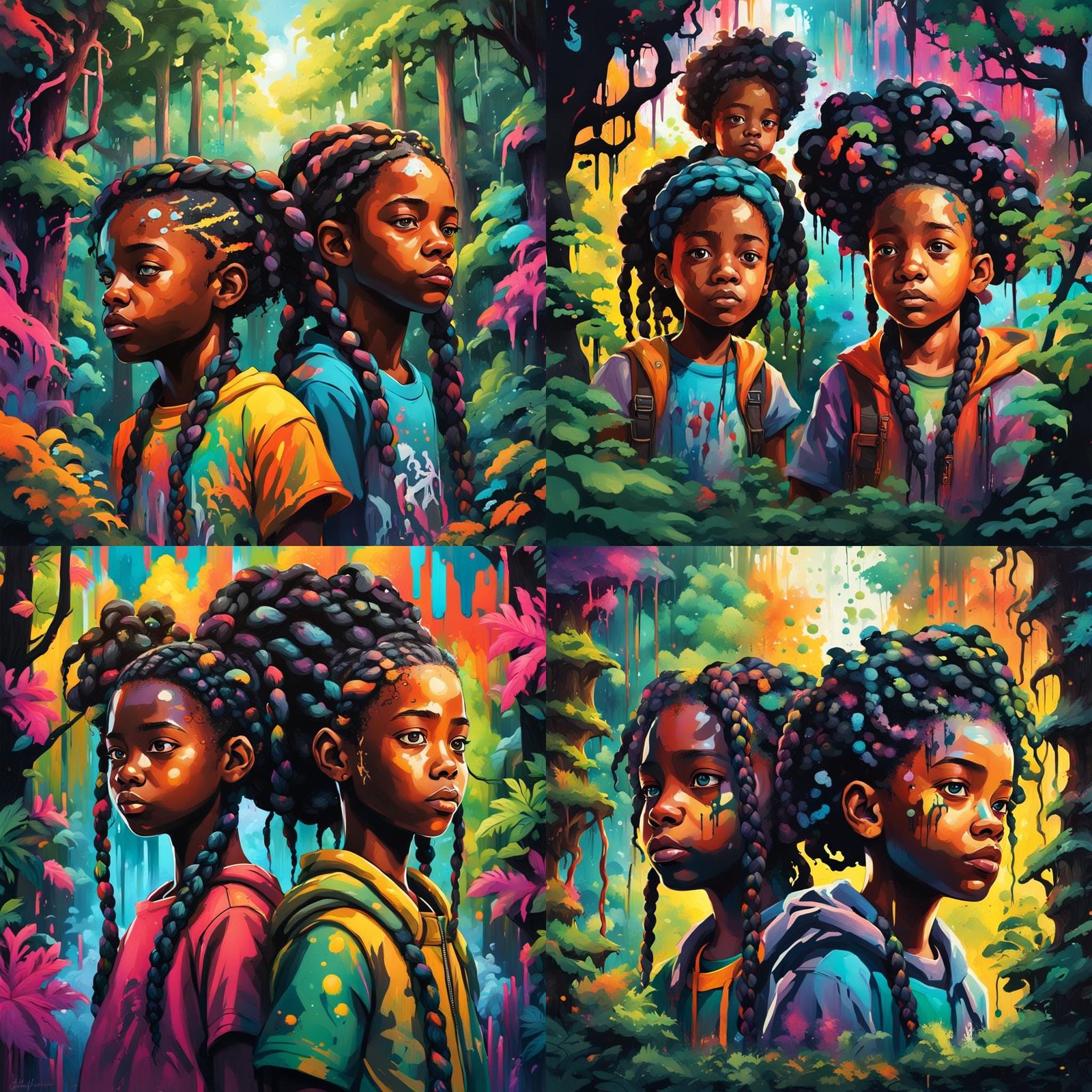 Two  black siblings  with cury hair and other with braids di...