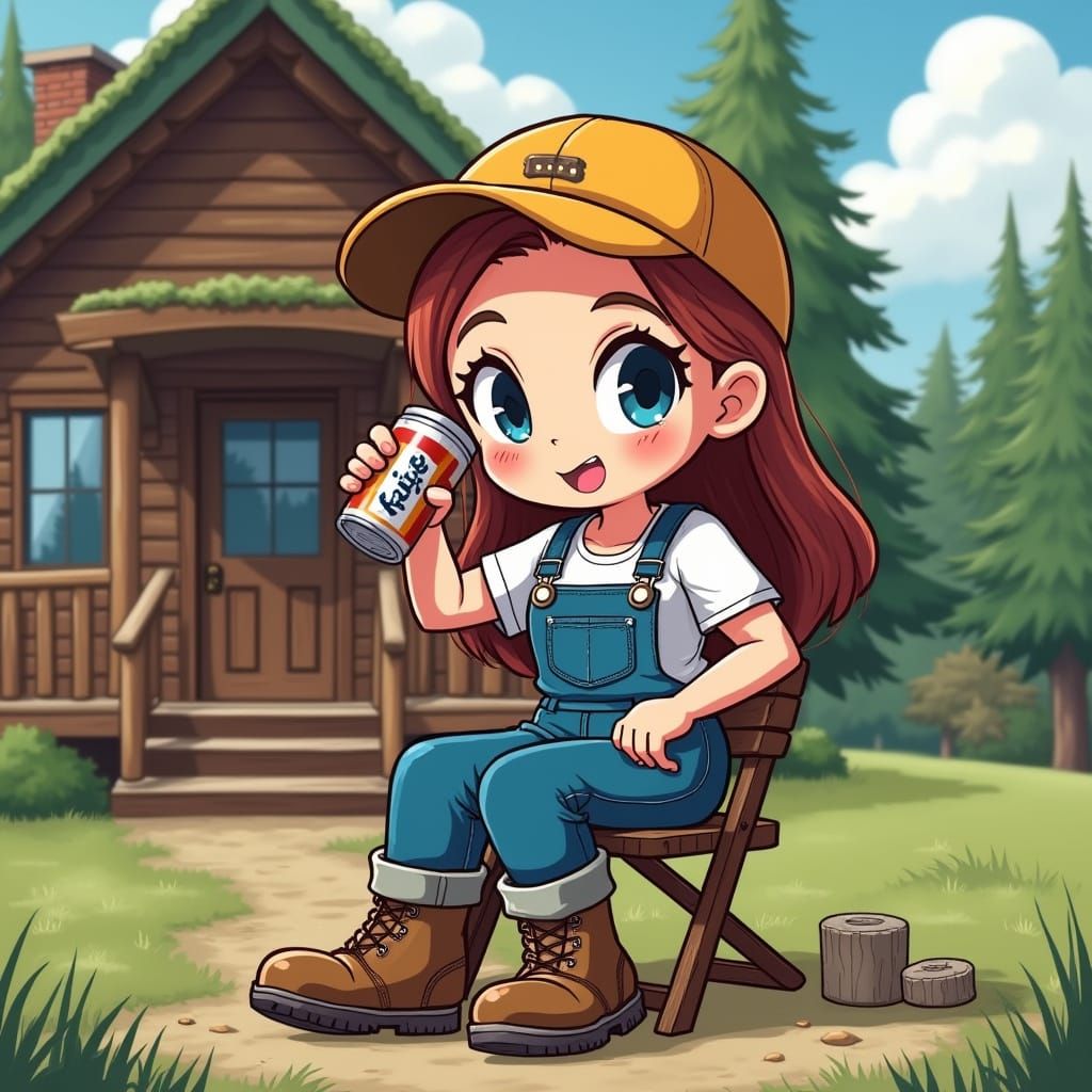 Vibrant Chibi Lady in Cozy Cabin Setting