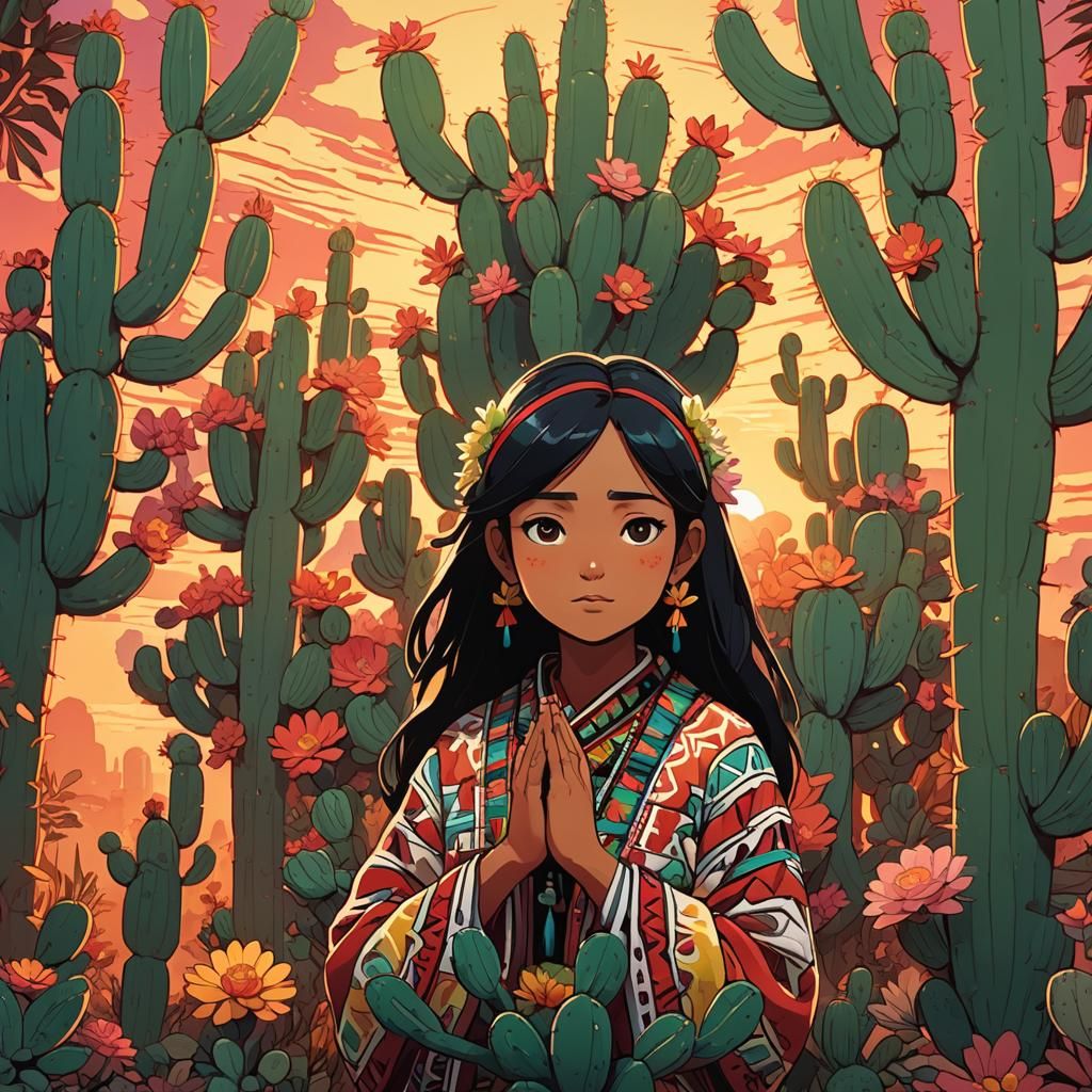 Aztec Girl Praying: Anime-Style Sunset Scene