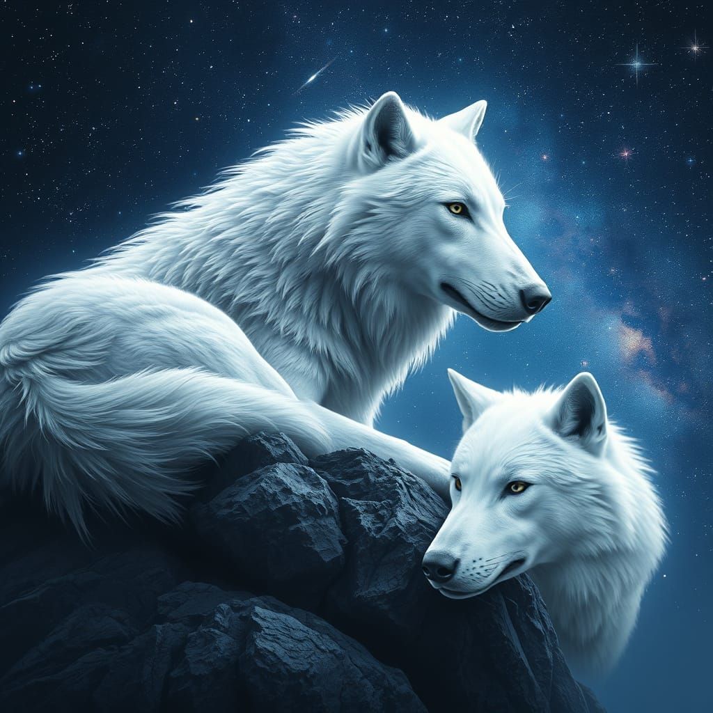 Majestic White Wolf in Cosmic Night Sky