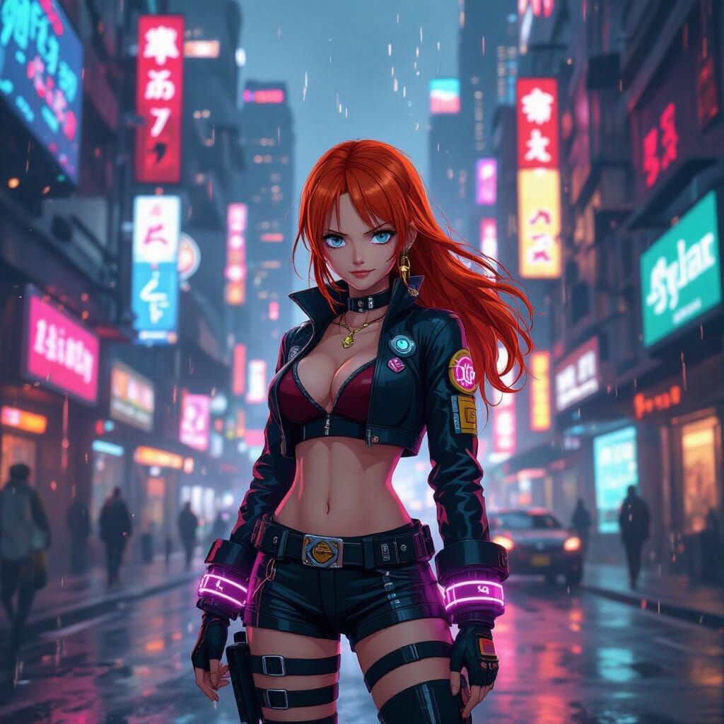 Nami in Cyberpunk City with Neon Lights