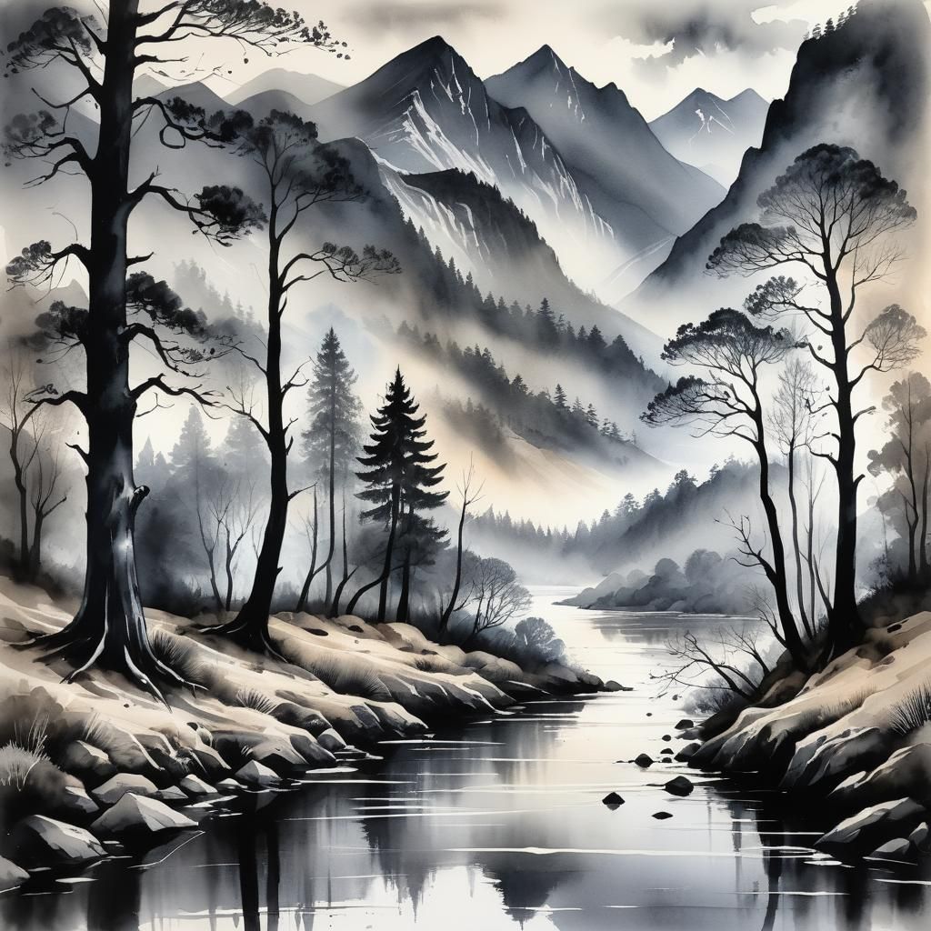 Monochrome River Landscape in Charcoal Watercolour Style