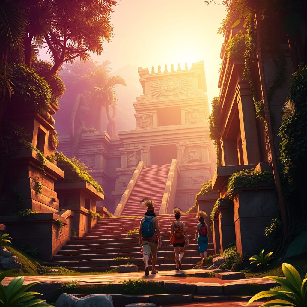 Ancient Mesoamerican Temple in Vibrant Jungle Setting