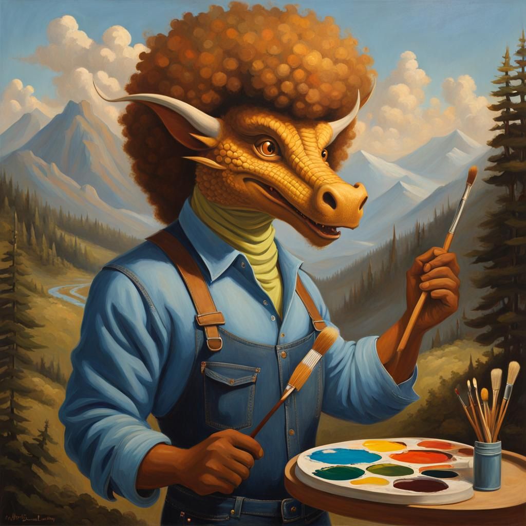 Dragon Painter Ready to Create Landscape, Oil Painting