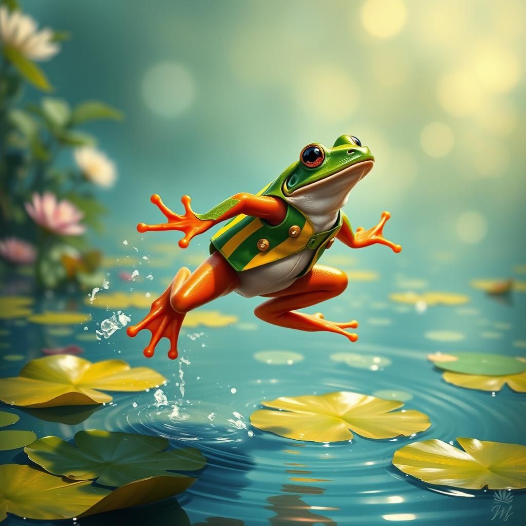 Vibrant Frog's Leap Across Lily Pond, Dreamy Landscape