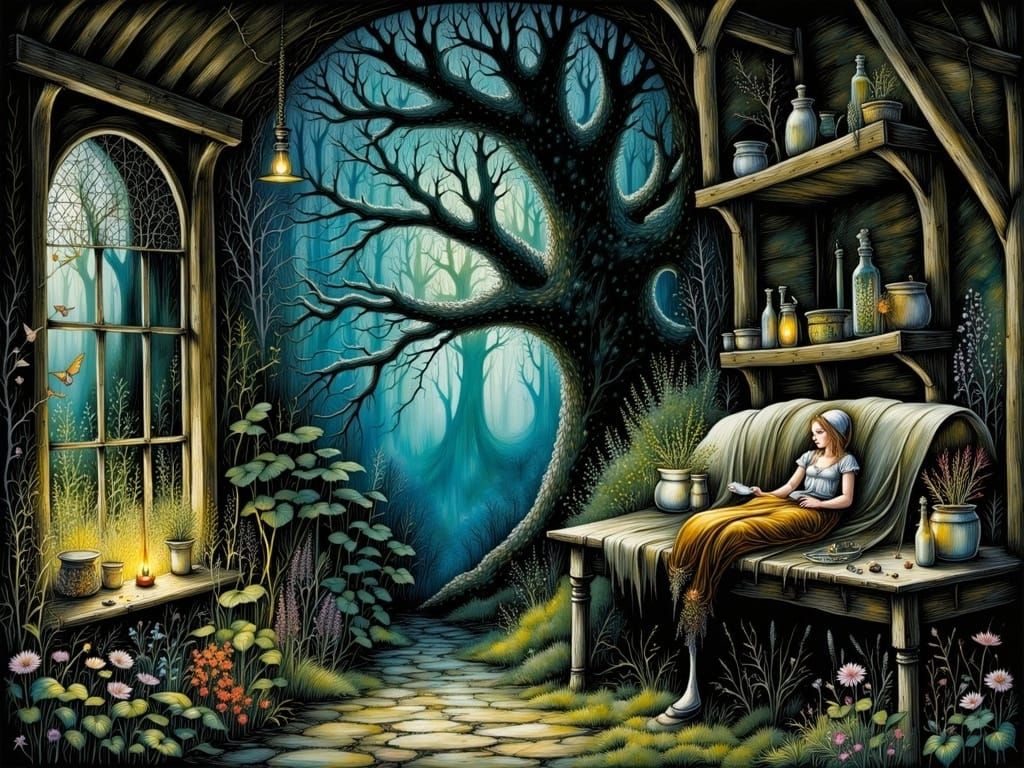 Medieval Herb Woman's House: Fairytale Illustration