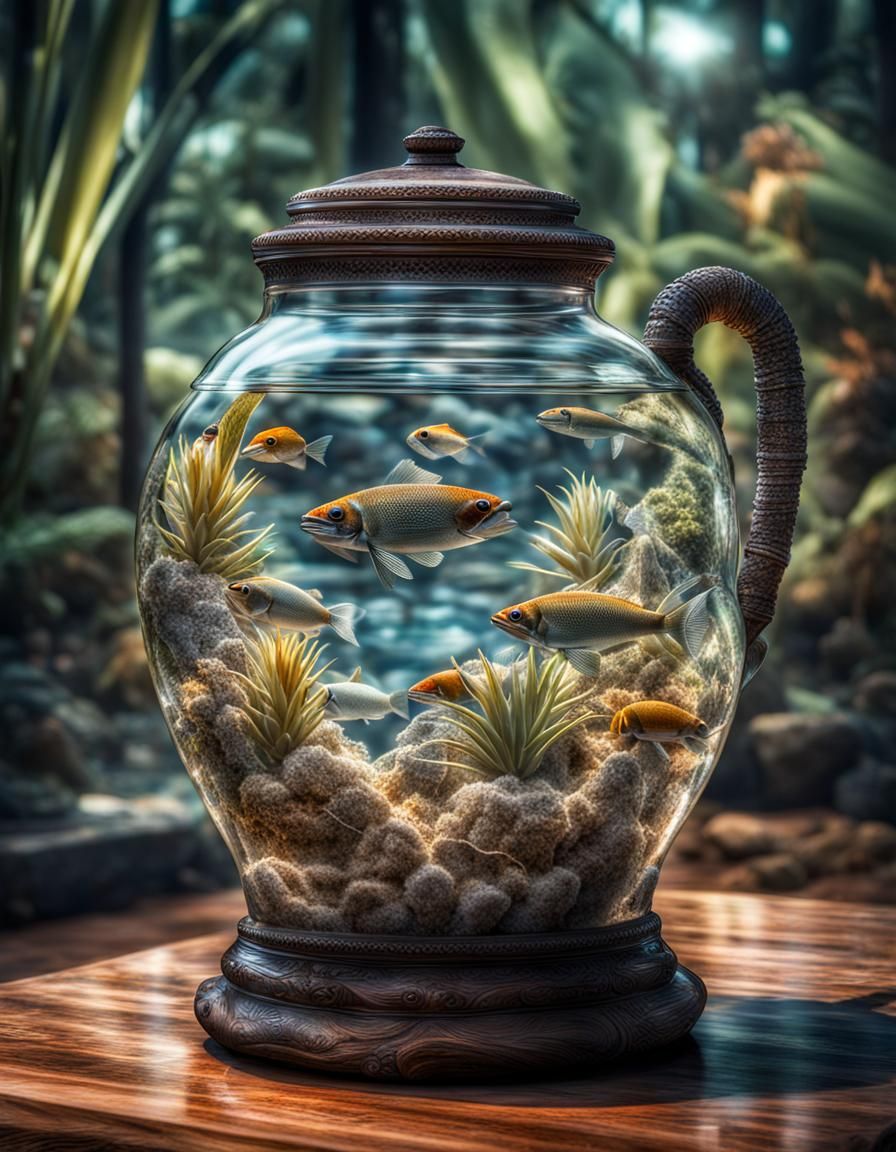Glass Amphora Filled with Tropical Fish: Hyperrealistic Imag...