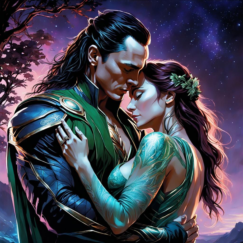 Loki Hugs a Woman: Romantic Concept Art