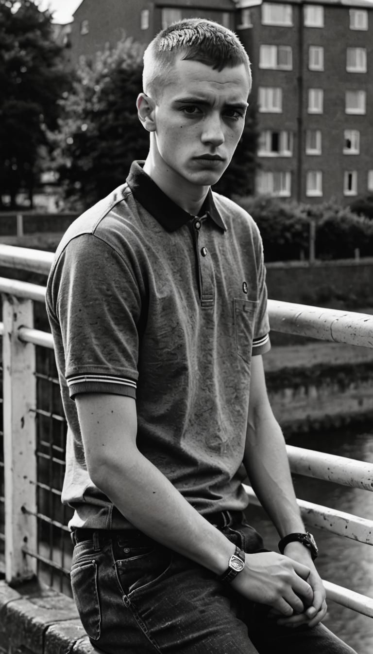 a skinhead sitting on a wall in a council estate a portrait,...