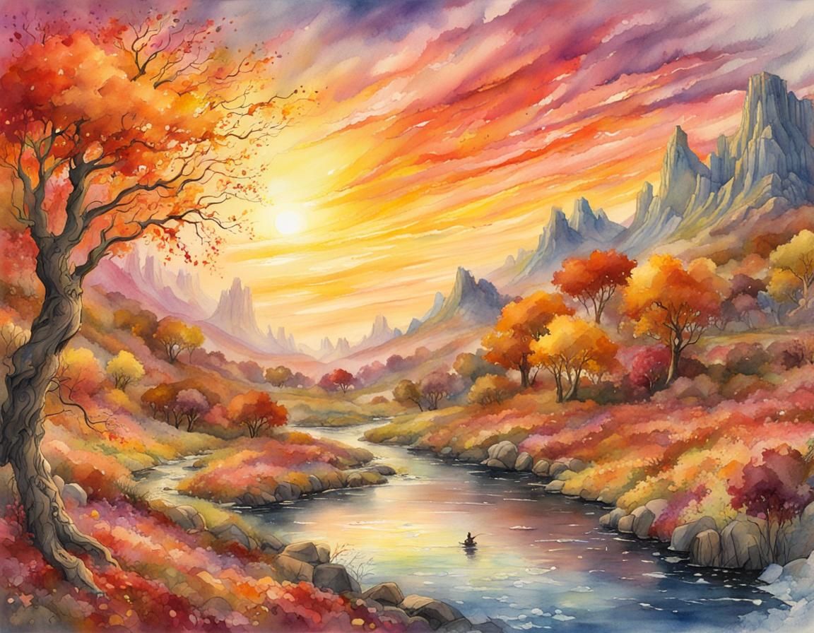 Fantasycore Autumn Sunset Watercolour Visual Masterpiece