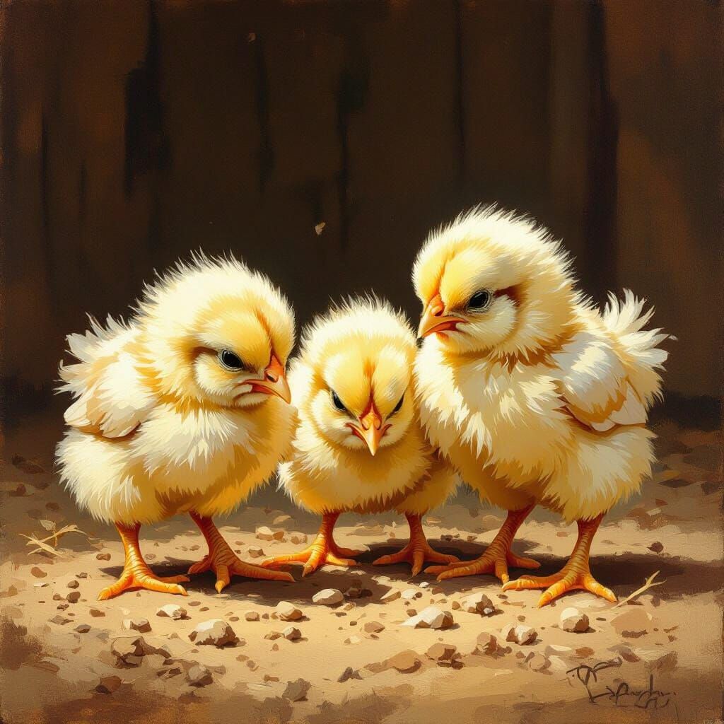 Fluffy Chicks in Impressionist Oil Painting Style