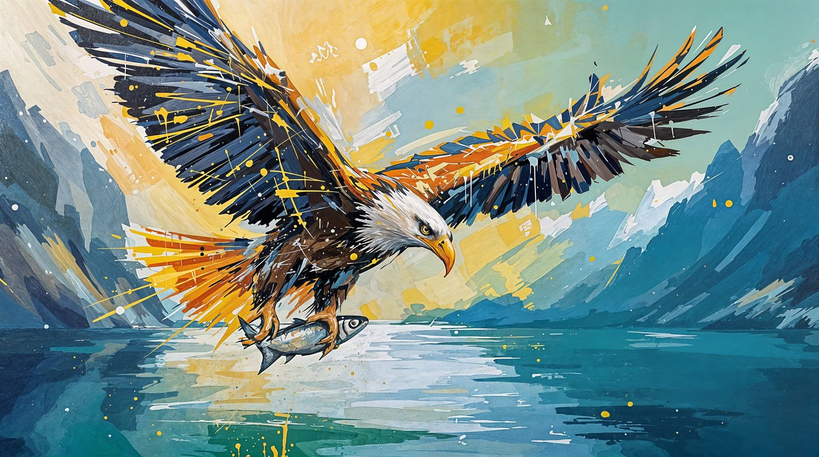 Swooping Eagle in Impasto Fjord Landscape