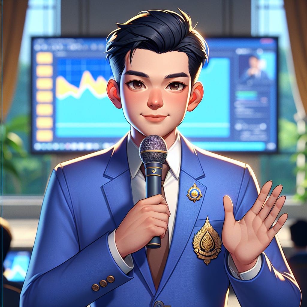 Confident Thai Orator in Royal Blue Blazer Gives Inspiring S...