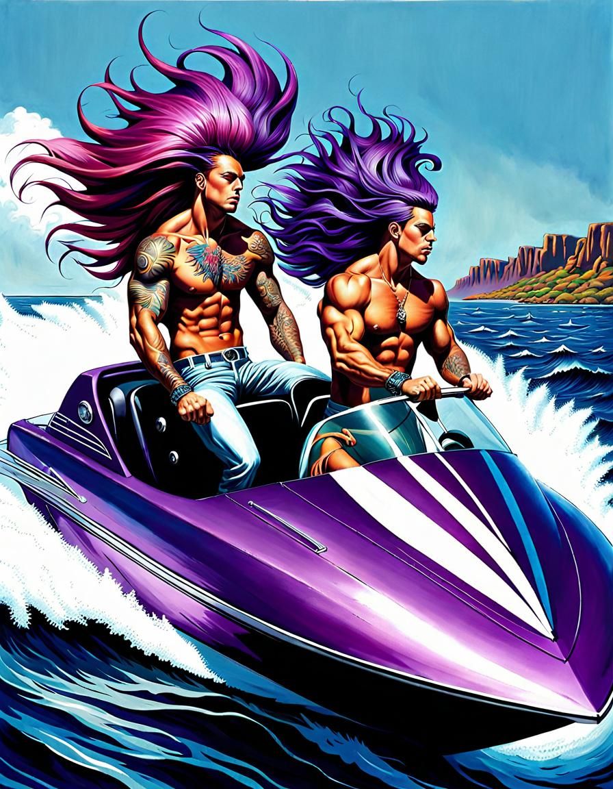 Muscular Men in Speedboat: Photorealistic Image