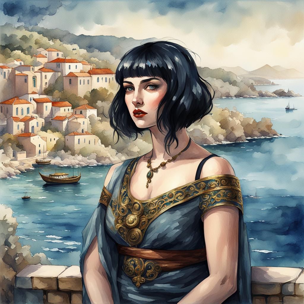 Goth Woman in Aegean Sea: Watercolor Illustration