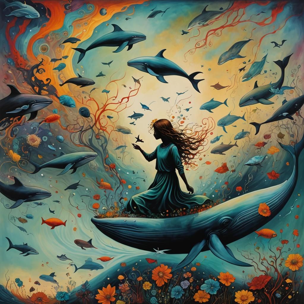 Psychedelic Angel Whale Silhouette in Surreal Style